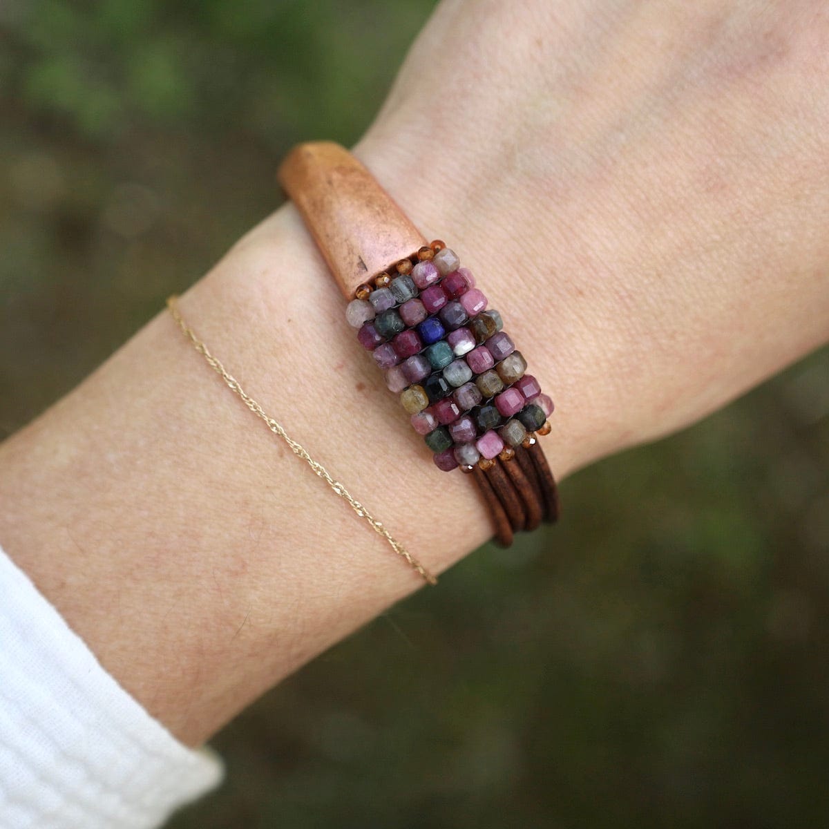 BRC-JM Hand Stitched Tourmaline Cubes with Hessonite Garnet Trim & Leather Bracelet