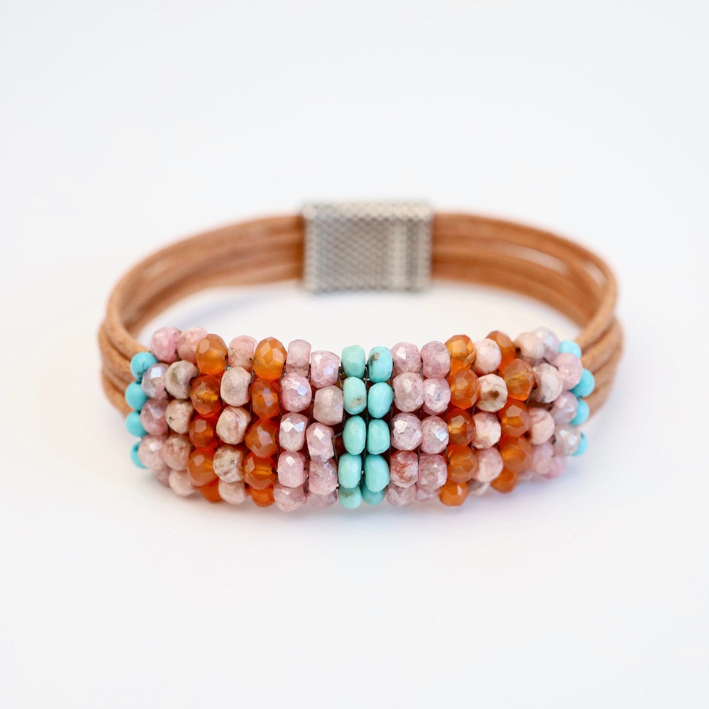 BRC-JM Hand Stitched Turquoise, Carnelian, Pink Grapolite Bracelet