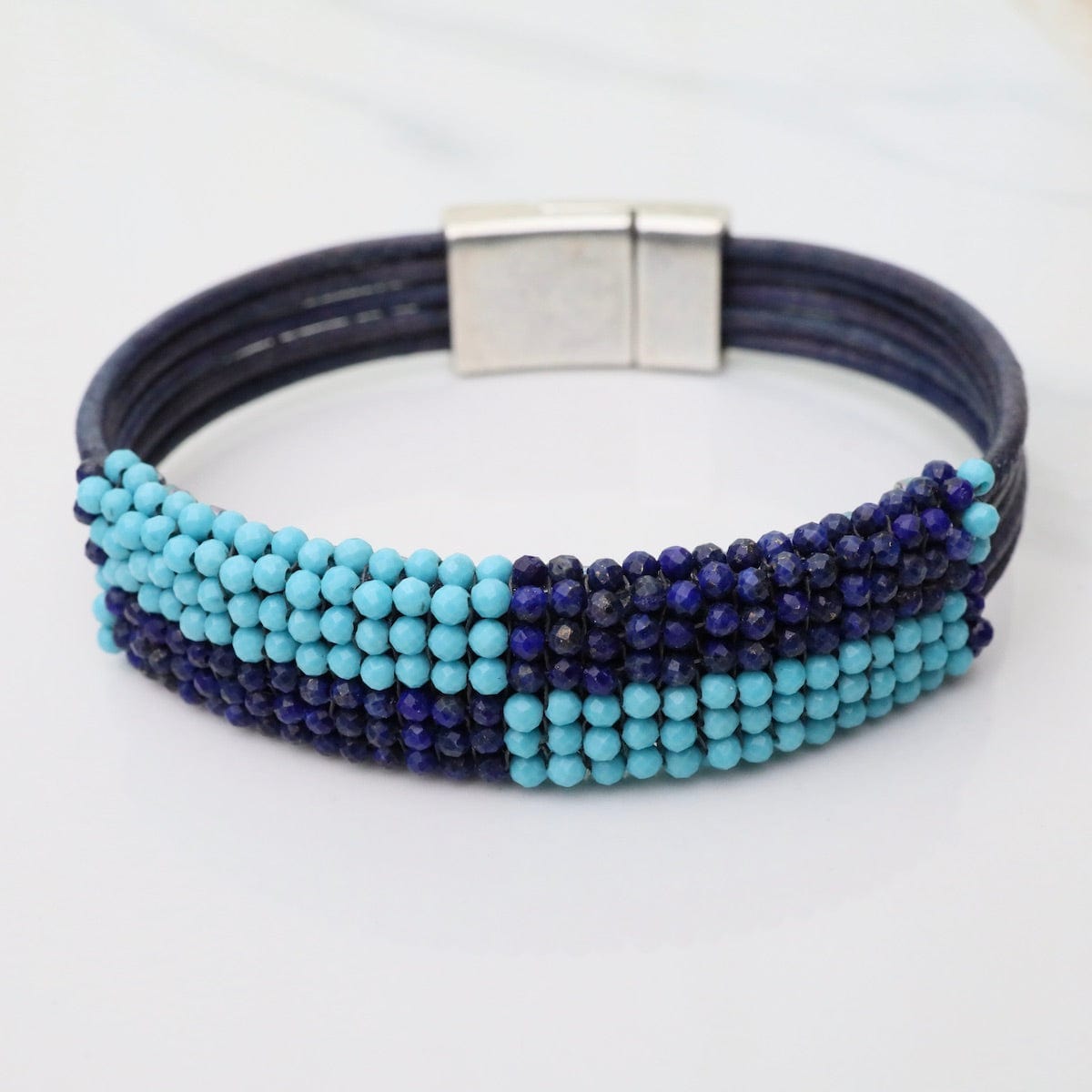 BRC-JM Hand Stitched Turquoise & Lapis Color Block Leather Bracelet