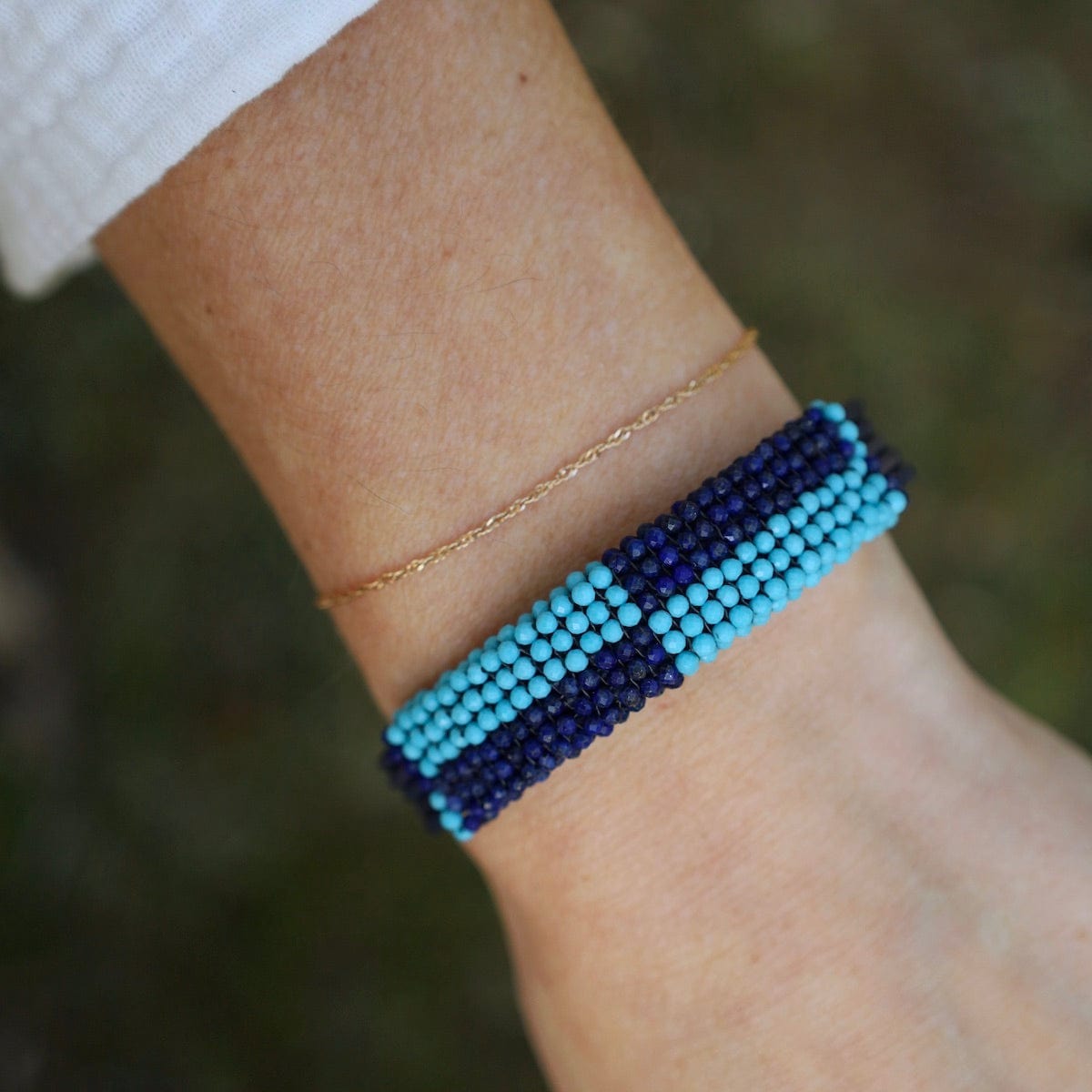 Hand Stitched Turquoise & Lapis Color Block Leather Bracelet
