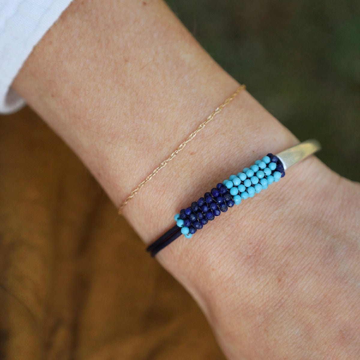 BRC-JM Hand Stitched Turquoise & Lapis Color Block Leather Bracelet