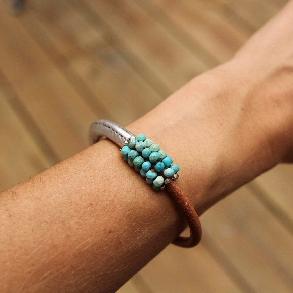 BRC-JM Hand Stitched Turquoise Leather Cuff Bracelet