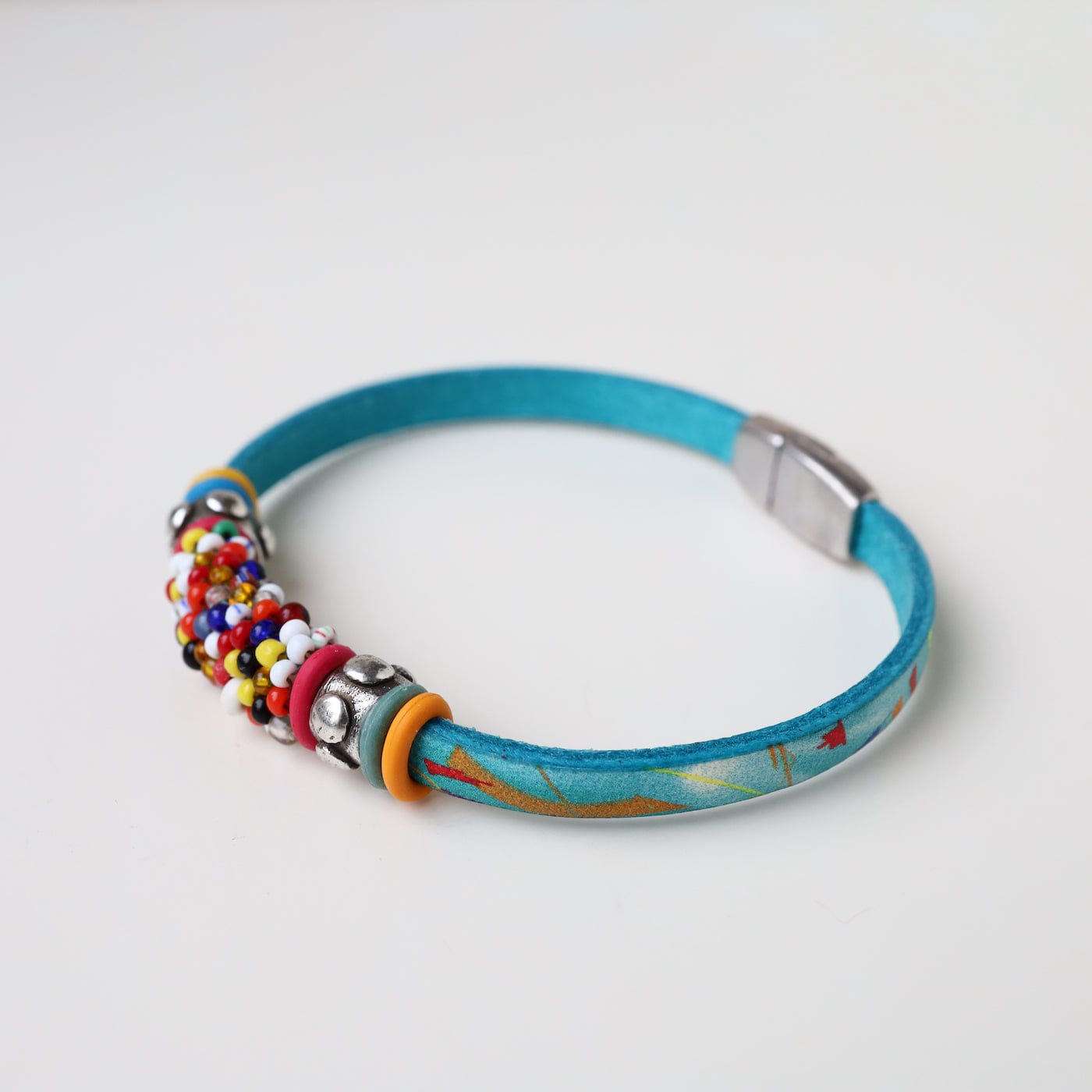 BRC-JM Hand Stitched Vintage & African Beads on Printed Blue Leather Bracelet