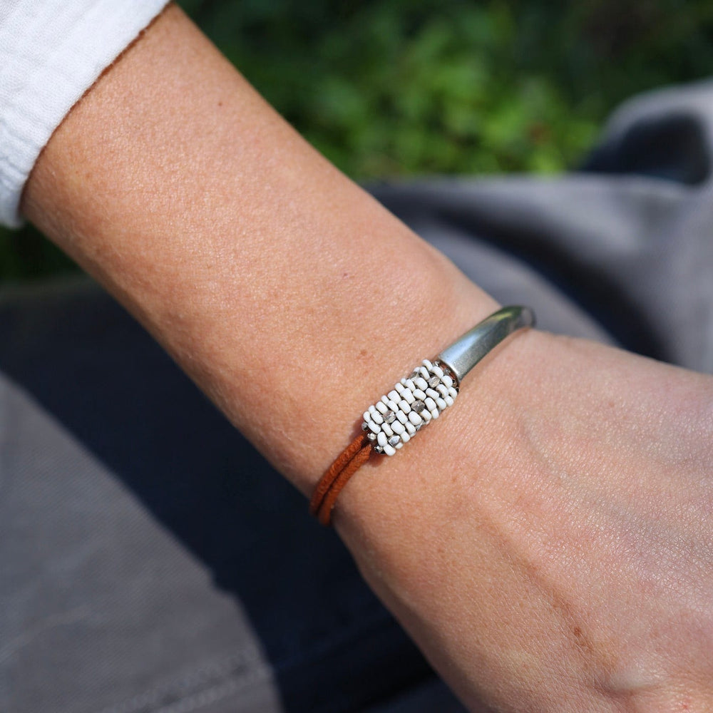 BRC-JM Hand Stitched White African Trade Beads & Silver Beads 1/2 Cuff Bracelet