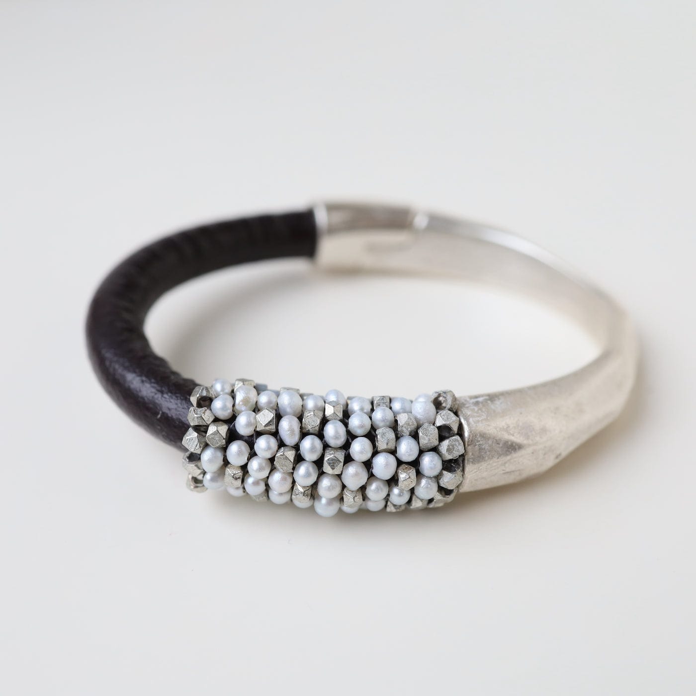 BRC-JM Hand Stitched White Pearls & Metal Cubes Bracelet