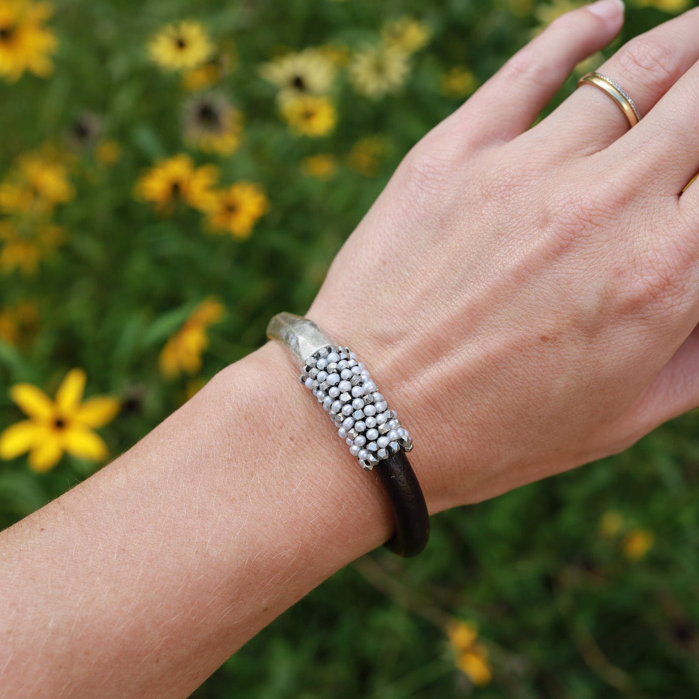 BRC-JM Hand Stitched White Pearls & Metal Cubes Bracelet