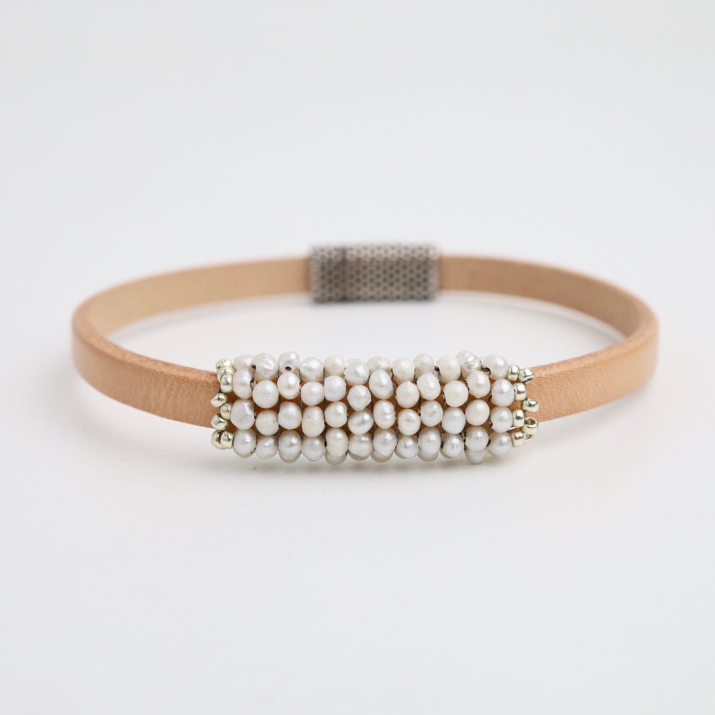 BRC-JM Hand Stitched White Seed Pearls Leather Bracelet