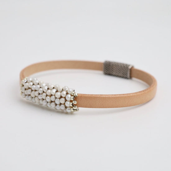 BRC-JM Hand Stitched White Seed Pearls Leather Bracelet