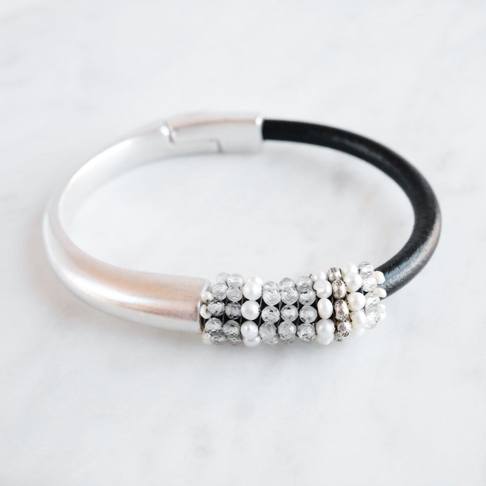 BRC-JM Hand Stitched White Zircon, Pearl & Hill Tribe Silver 1/2 Cuff Bracelet