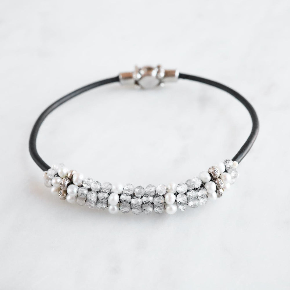 BRC-JM Hand Stitched White Zircon, Pearl & Hill Tribe Silver Bracelet