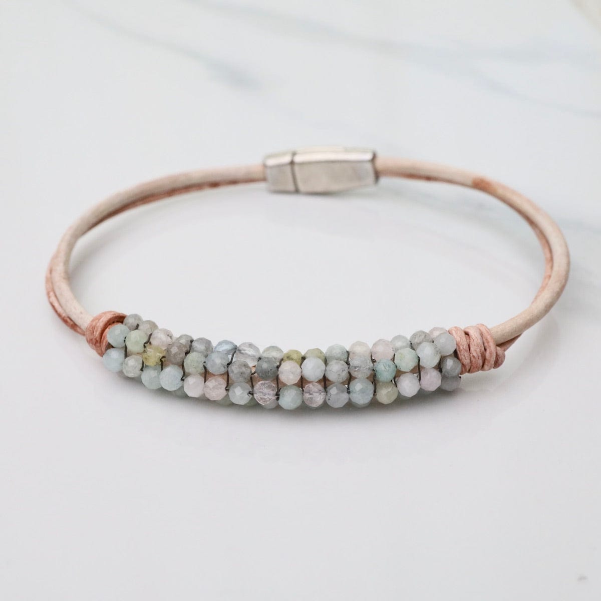 BRC-JM Hand Tied Morganite on Vintage Natural Leather Bracelet