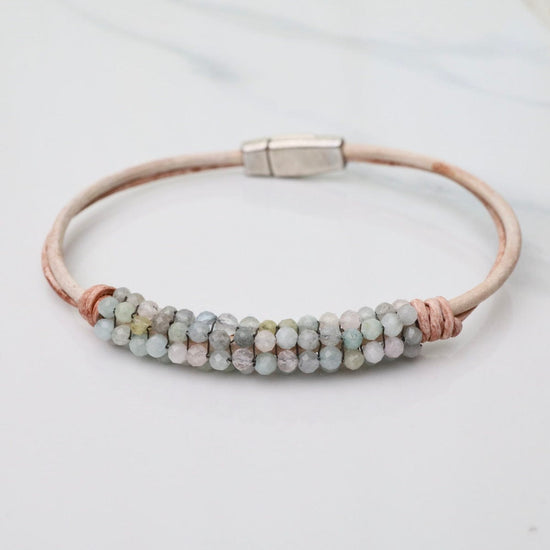 BRC-JM Hand Tied Morganite on Vintage Natural Leather Bracelet