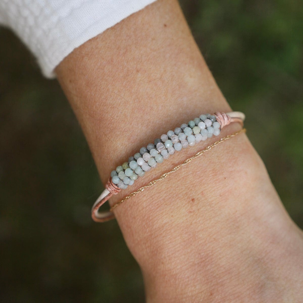 BRC-JM Hand Tied Morganite on Vintage Natural Leather Bracelet