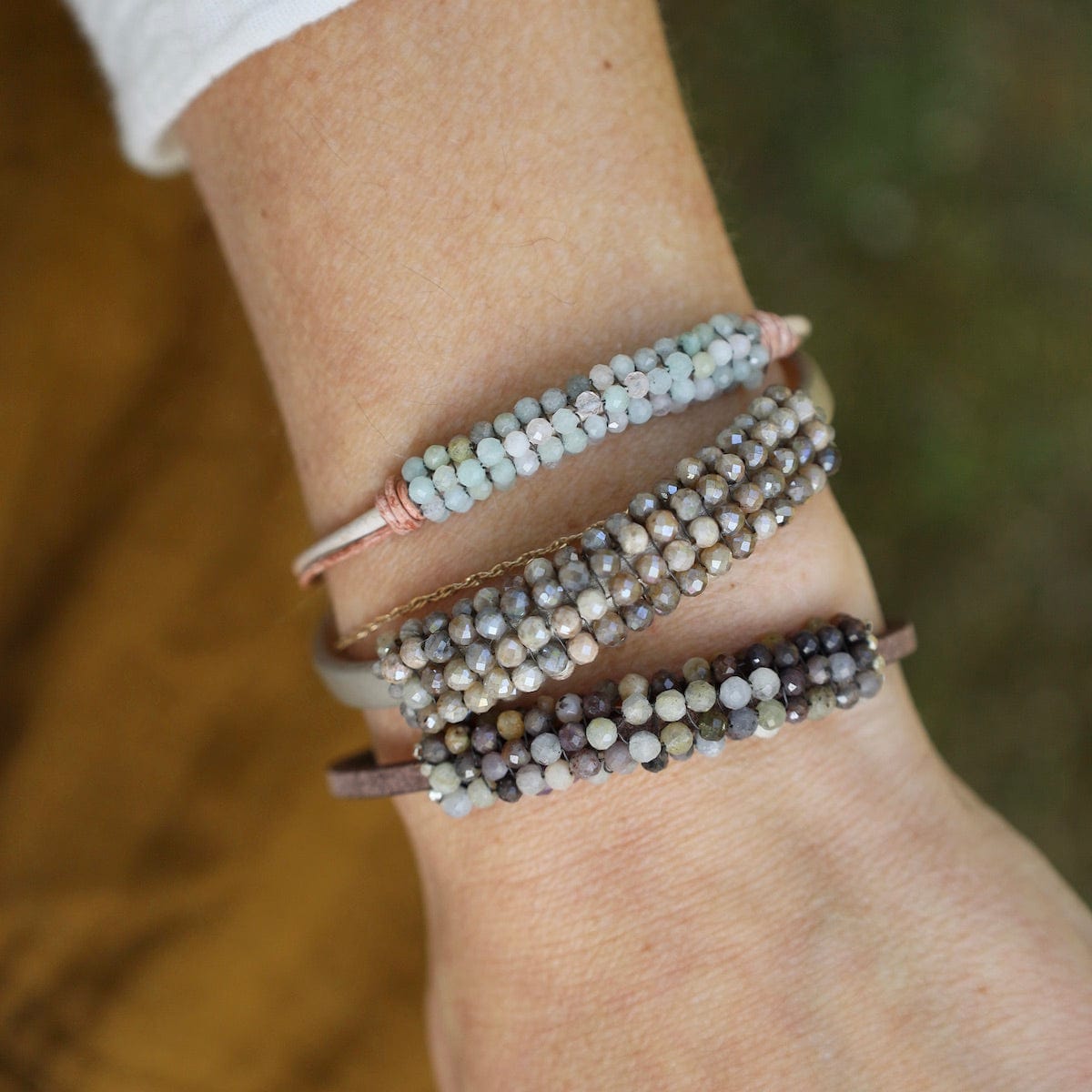 BRC-JM Hand Tied Morganite on Vintage Natural Leather Bracelet