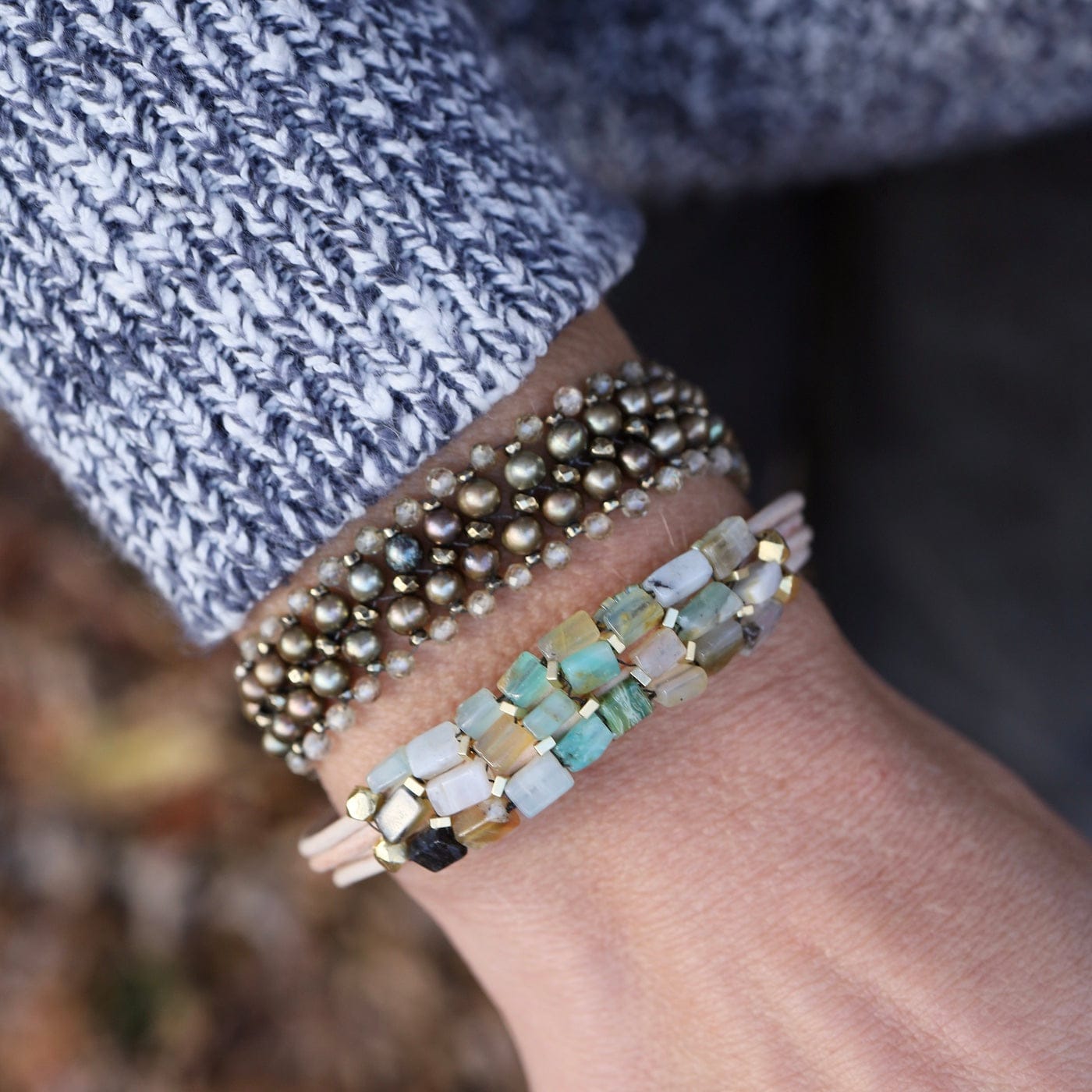 BRC-JM Hand Woven Sage green pearls, Zircon with Titanium