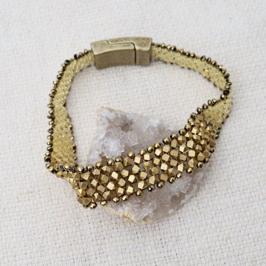BRC-JM Hand Woven Soft Bracelet of Brass Cubes, Seed Beads