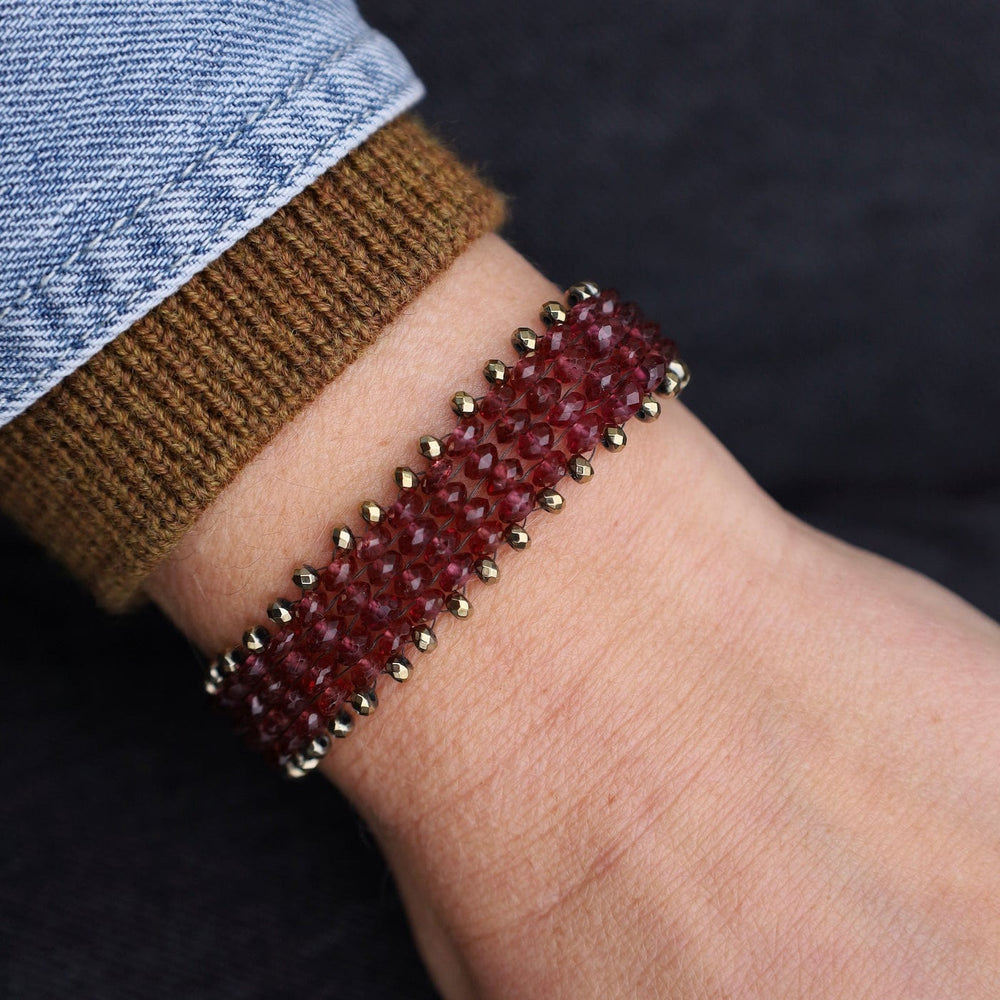 BRC-JM Hand Woven Soft Bracelet of Garnet & Pyrite Trim