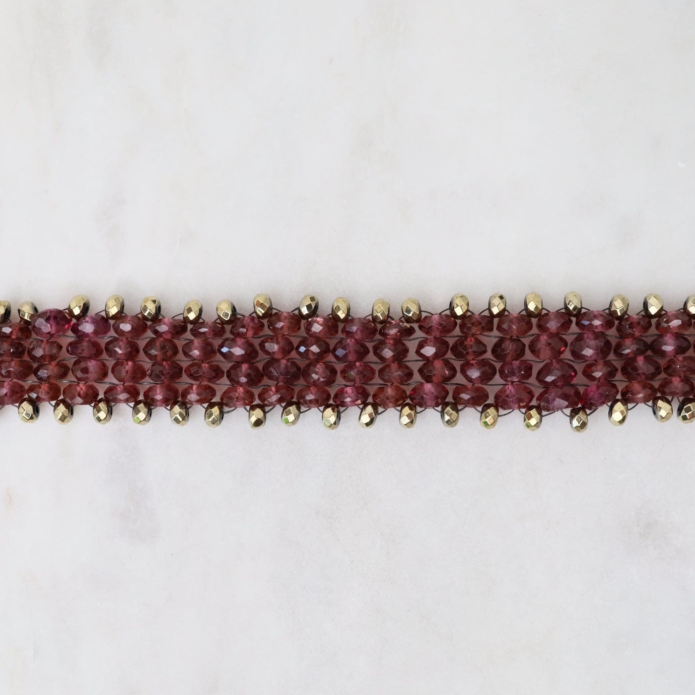 BRC-JM Hand Woven Soft Bracelet of Garnet & Pyrite Trim