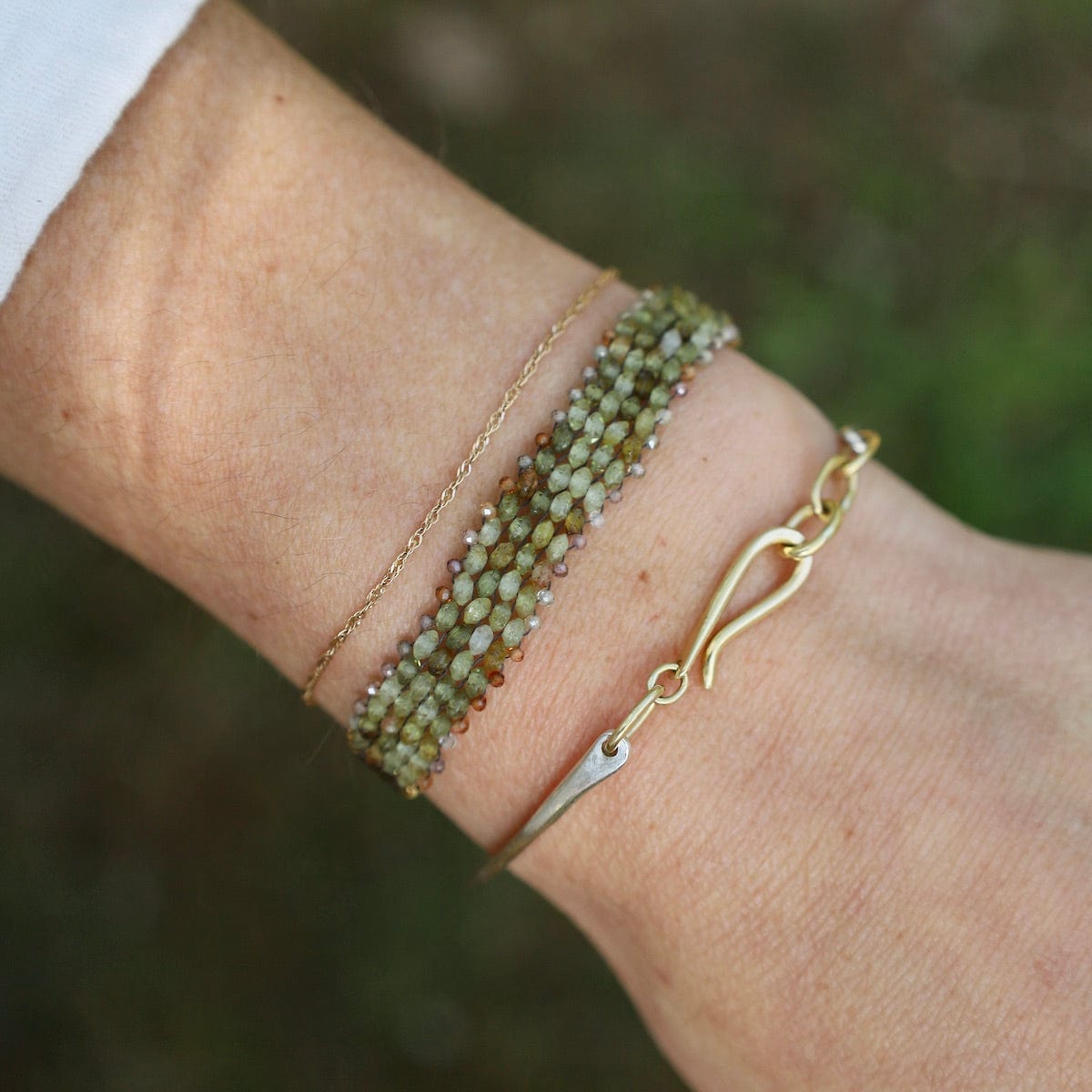 BRC-JM Hand Woven Soft Bracelet of Green Garnet with Tiny Grey Sapphires