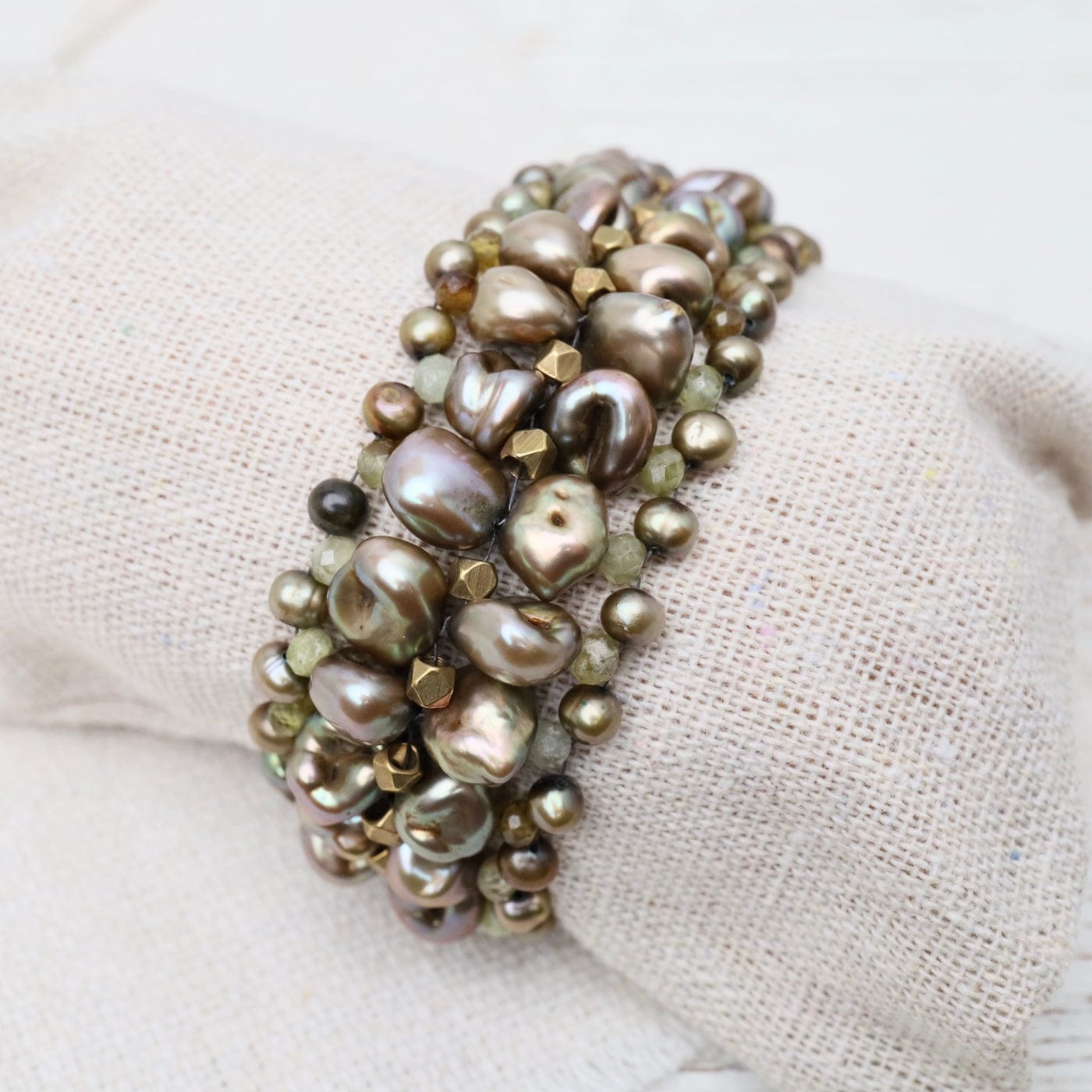 BRC-JM Hand Woven Soft Bracelet of Grey-Green Pearls