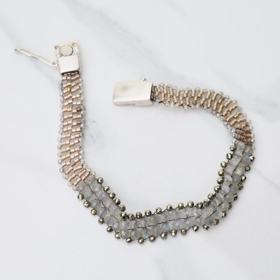 BRC-JM Hand Woven Soft Bracelet of Labradorite with Pyrite