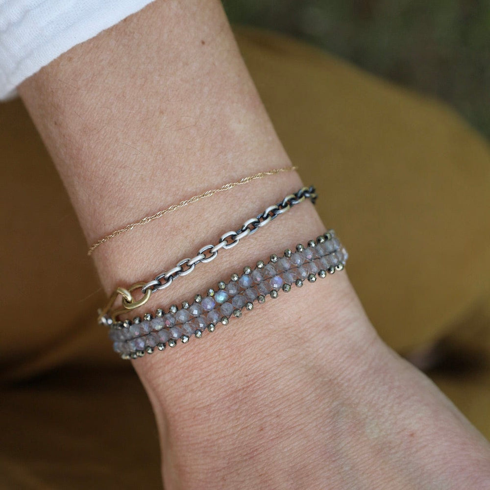 
                  
                    BRC-JM Hand Woven Soft Bracelet of Labradorite with Pyrite
                  
                