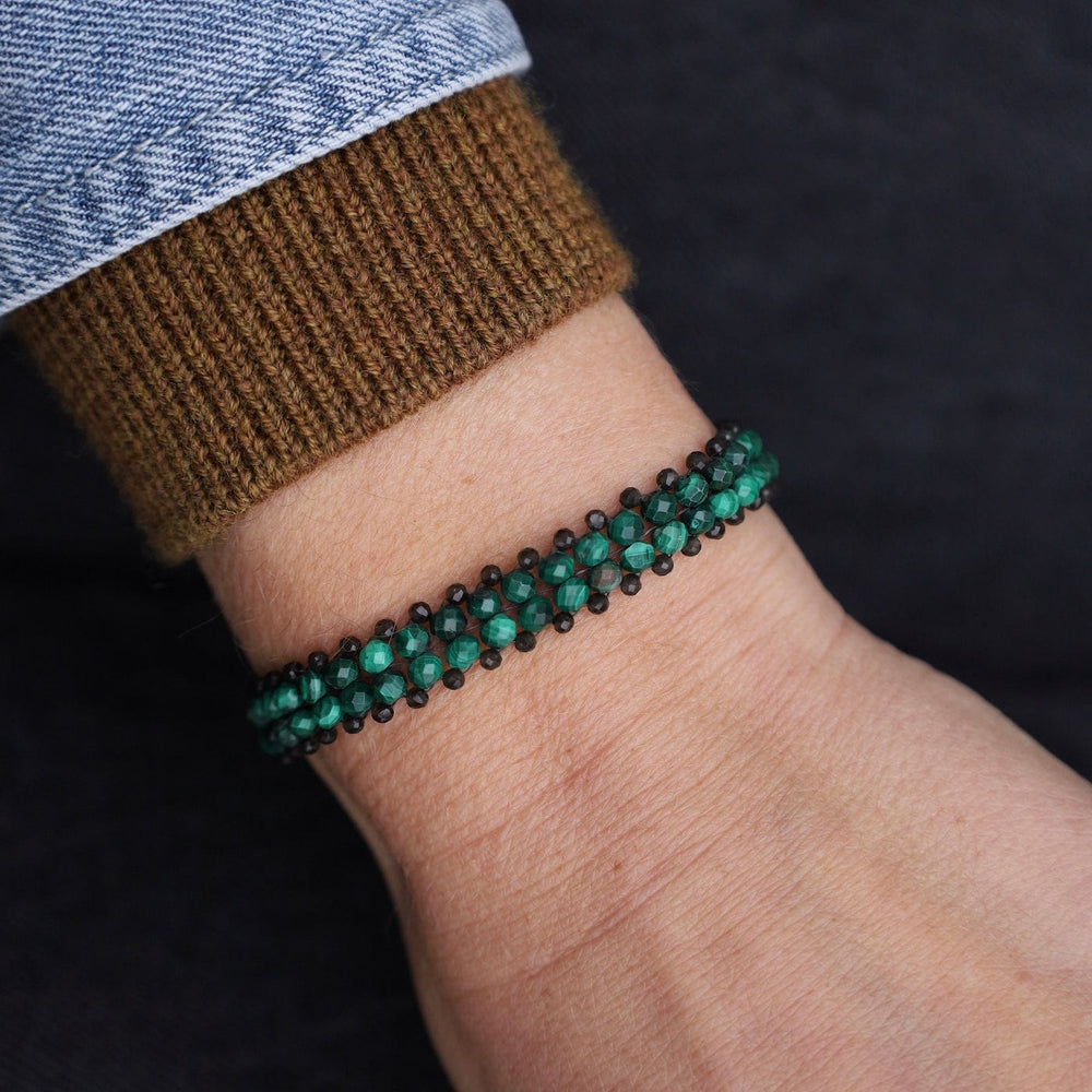 BRC-JM Hand Woven Soft Bracelet of Malachite & Smokey Qua