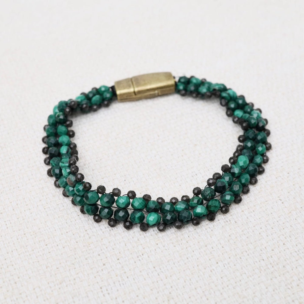 BRC-JM Hand Woven Soft Bracelet of Malachite & Smokey Qua