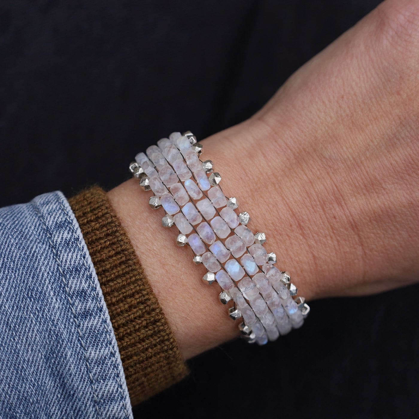 BRC-JM Hand Woven Soft Bracelet of Rainbow Moonstone with