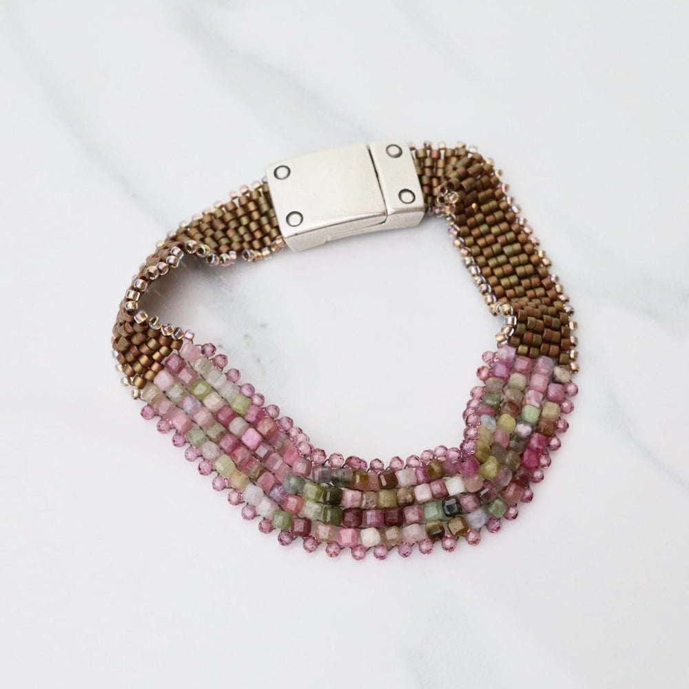 BRC-JM Hand Woven Soft Bracelet of Tourmaline Cubes with Pink Garnets