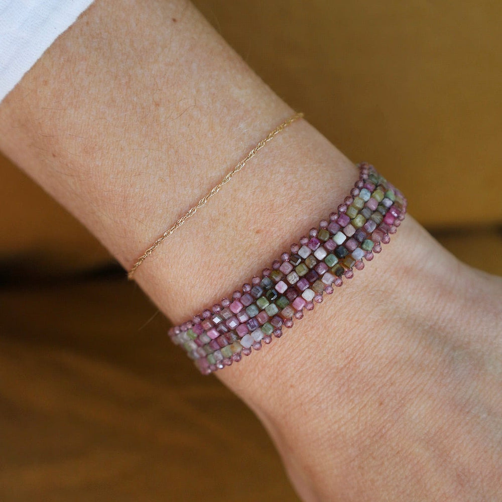 
                  
                    BRC-JM Hand Woven Soft Bracelet of Tourmaline Cubes with Pink Garnets
                  
                