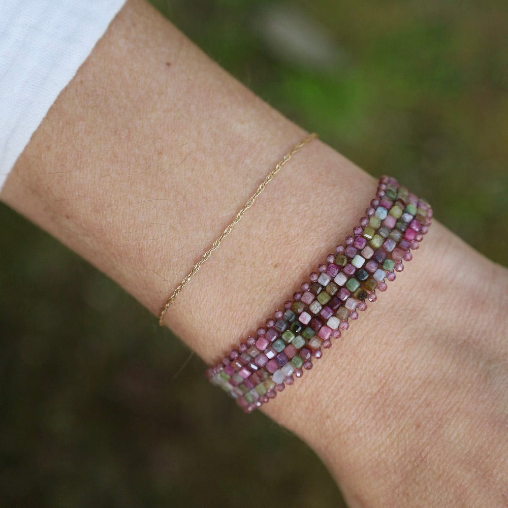 BRC-JM Hand Woven Soft Bracelet of Tourmaline Cubes with Pink Garnets