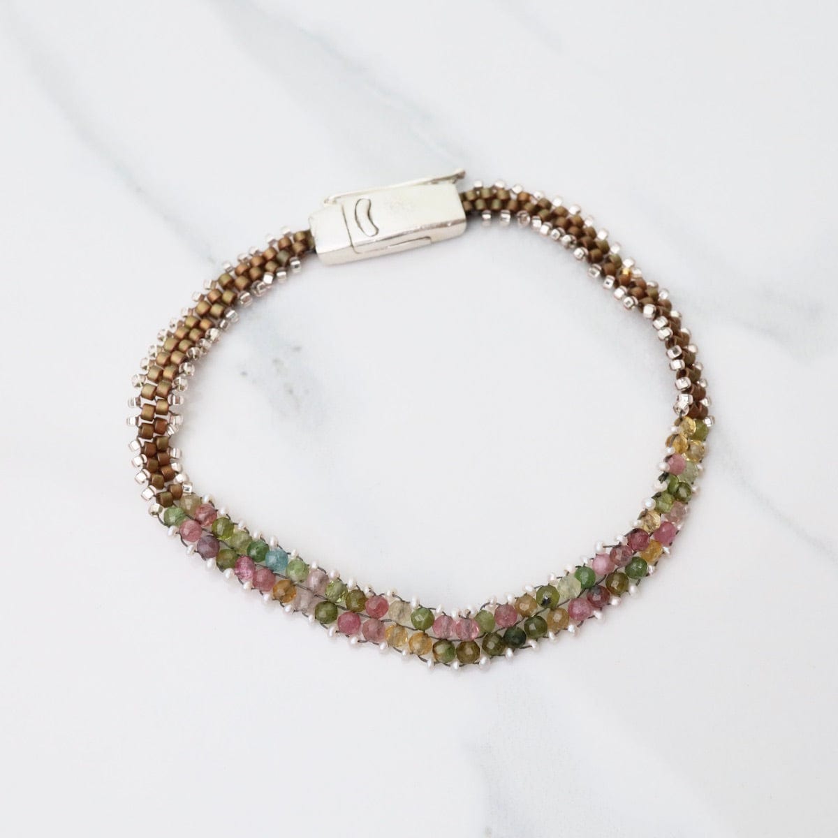 BRC-JM Hand Woven Soft Bracelet of Tourmaline with Tiny Pearls