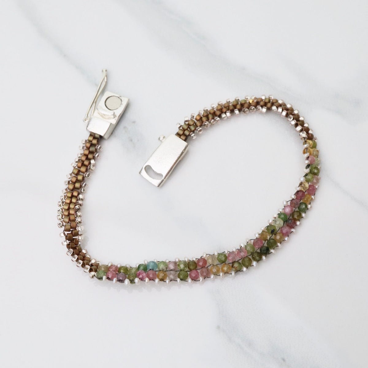 BRC-JM Hand Woven Soft Bracelet of Tourmaline with Tiny Pearls