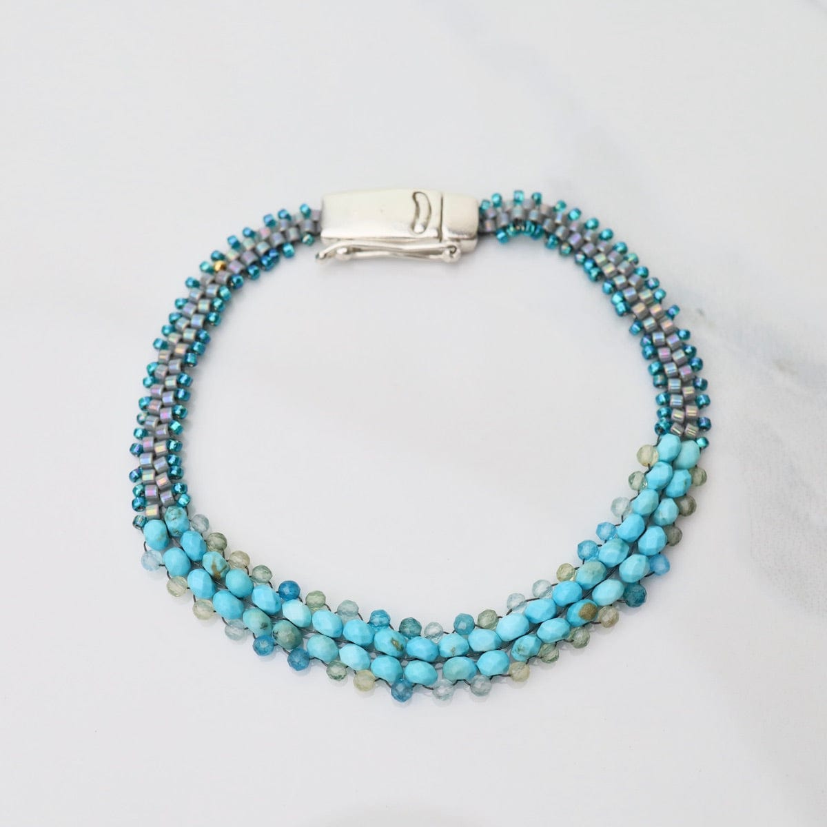 BRC-JM Hand Woven Soft Bracelet of Turquoise with Shaded Apatite