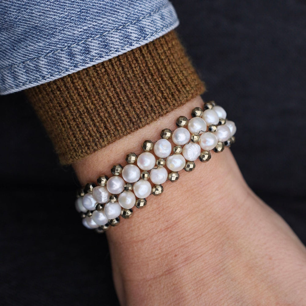 BRC-JM Hand Woven Soft Bracelet of White Pearls & Pyrite