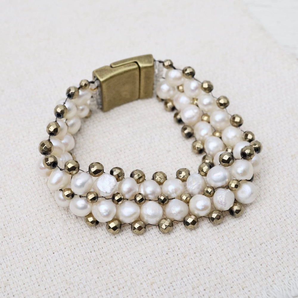 BRC-JM Hand Woven Soft Bracelet of White Pearls & Pyrite