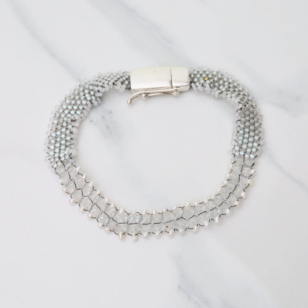 BRC-JM Hand Woven Soft Bracelet of White Topaz with Tiny Pearls