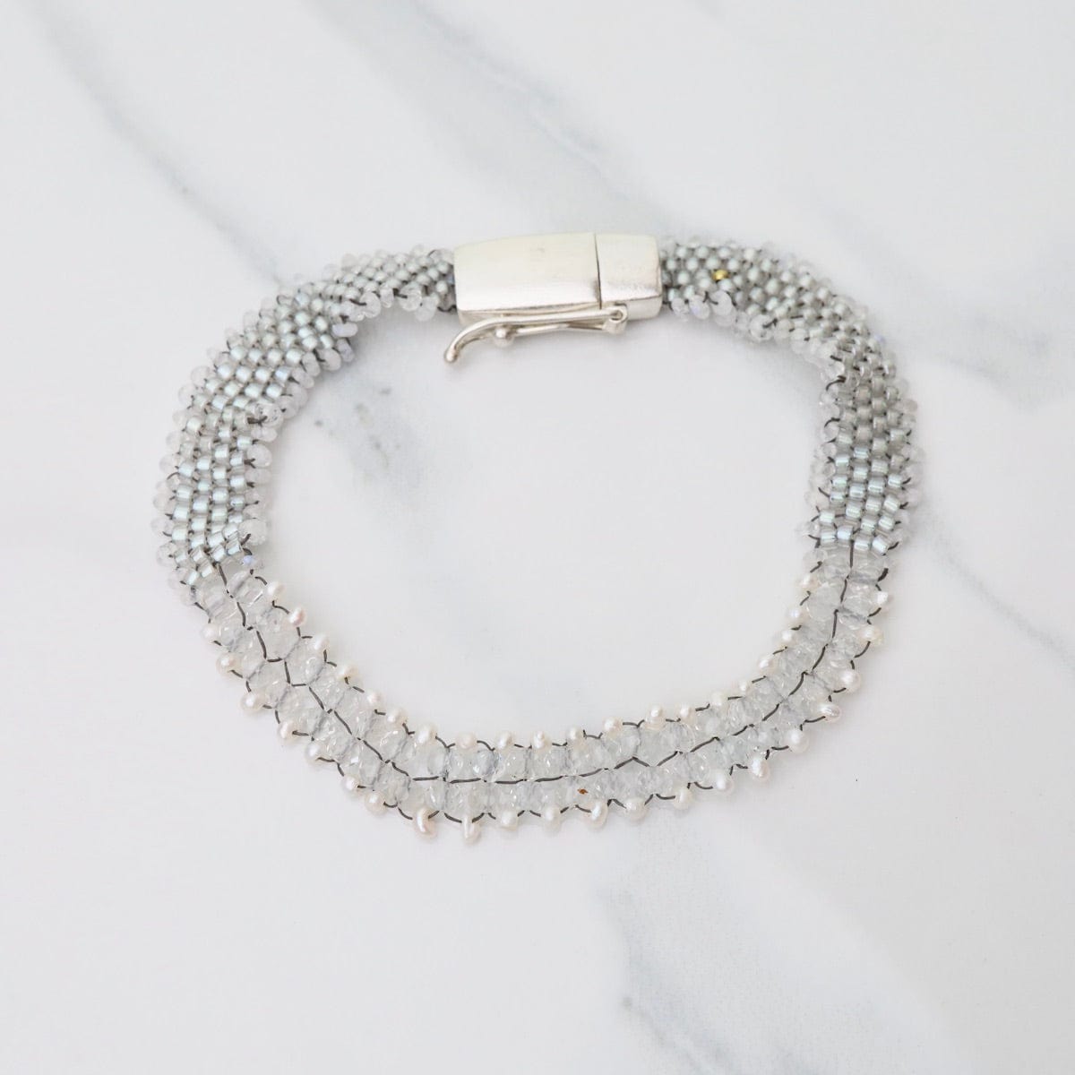 BRC-JM Hand Woven Soft Bracelet of White Topaz with Tiny Pearls