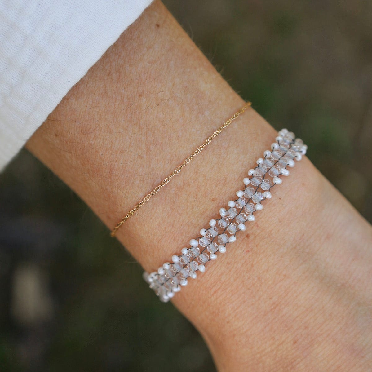 BRC-JM Hand Woven Soft Bracelet of White Topaz with Tiny Pearls