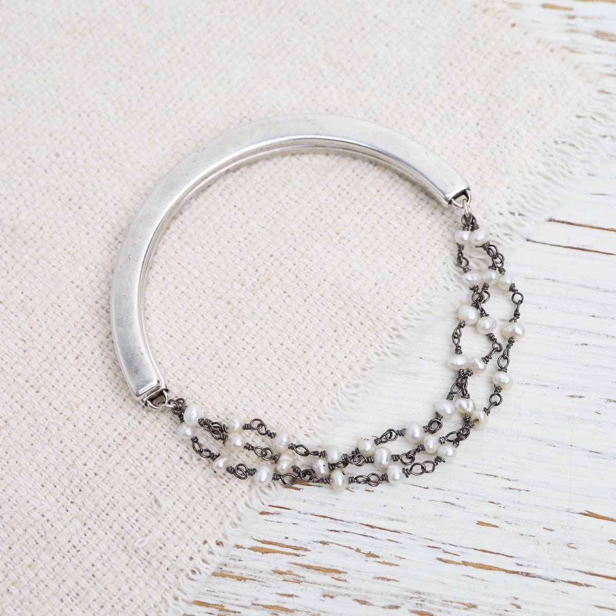 BRC-JM Handmade Triple Bead Chain of Small White Pearls Bracelet