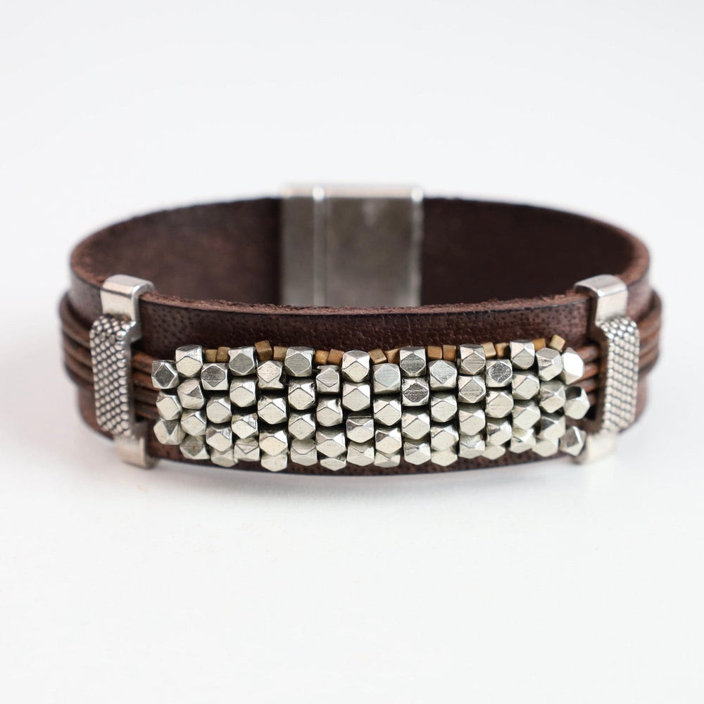 BRC-JM Larger Unisex Size Hand Stitched Metal Cubes Leather Bracelet