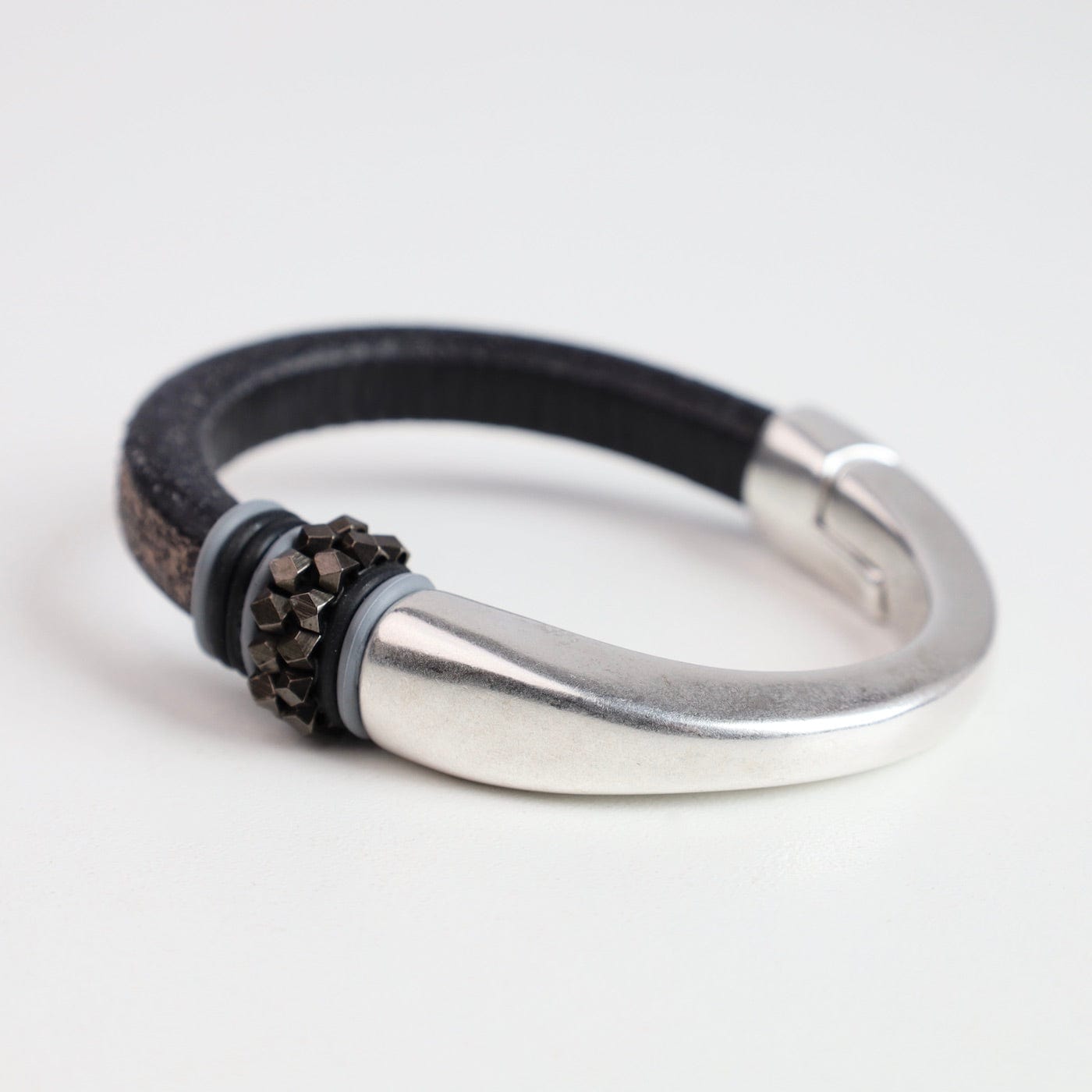 BRC-JM Larger Unisex Size Hand Stitched Metal Oxidized Black Leather 1/2 Cuff