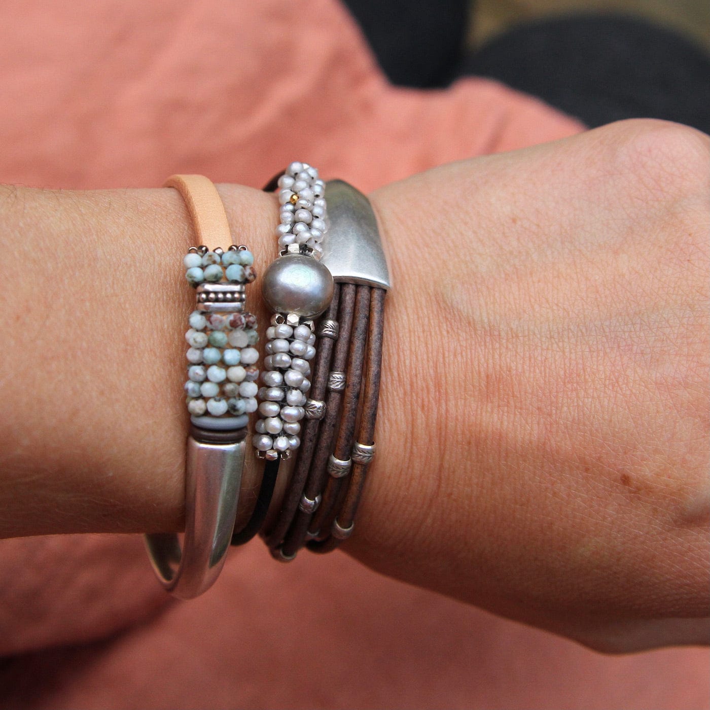 Load image into Gallery viewer, BRC-JM Leather &amp;amp; Thai Silver Hand Stamped Beads Bracelet
