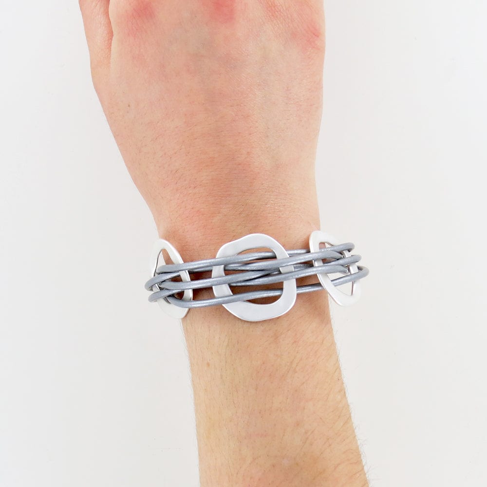 BRC-JM LIGHT GREY LEATHER BRACELET WITH MATTE SILVER OPEN