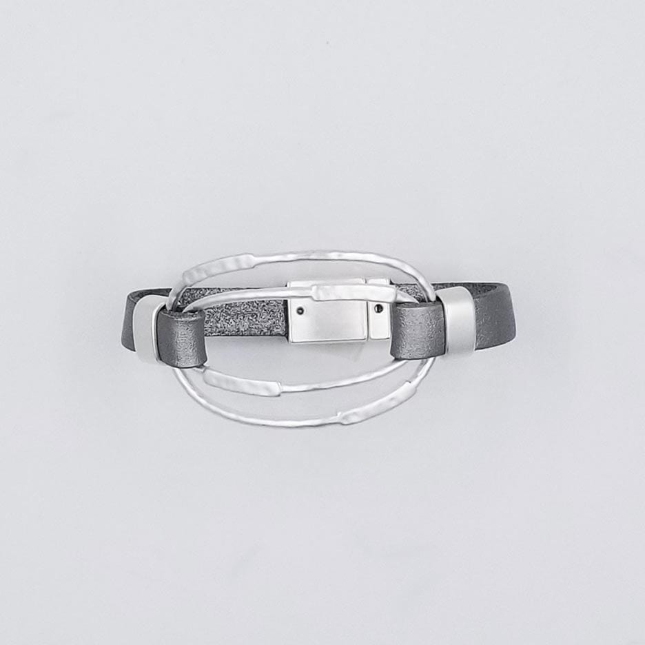 BRC-JM MATT RHODIUM SILVER  AND LEATHER BRACELET