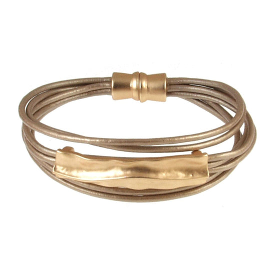 Load image into Gallery viewer, BRC-JM Matte Gold Chapagne Leather Bar Bracelet

