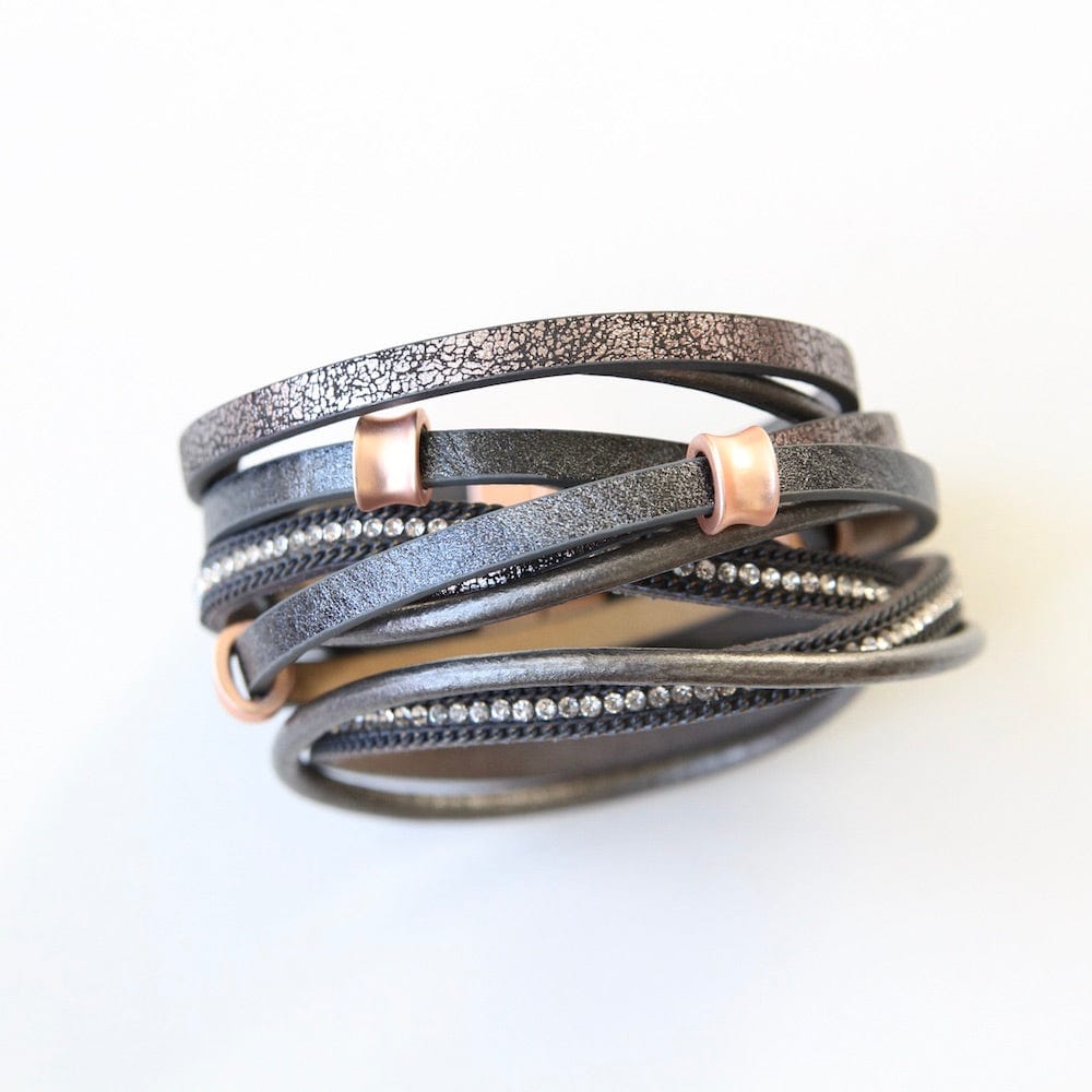 BRC-JM MATTE ROSE GOLD AND GREY LEATHER MULTI STRAND BRACELET