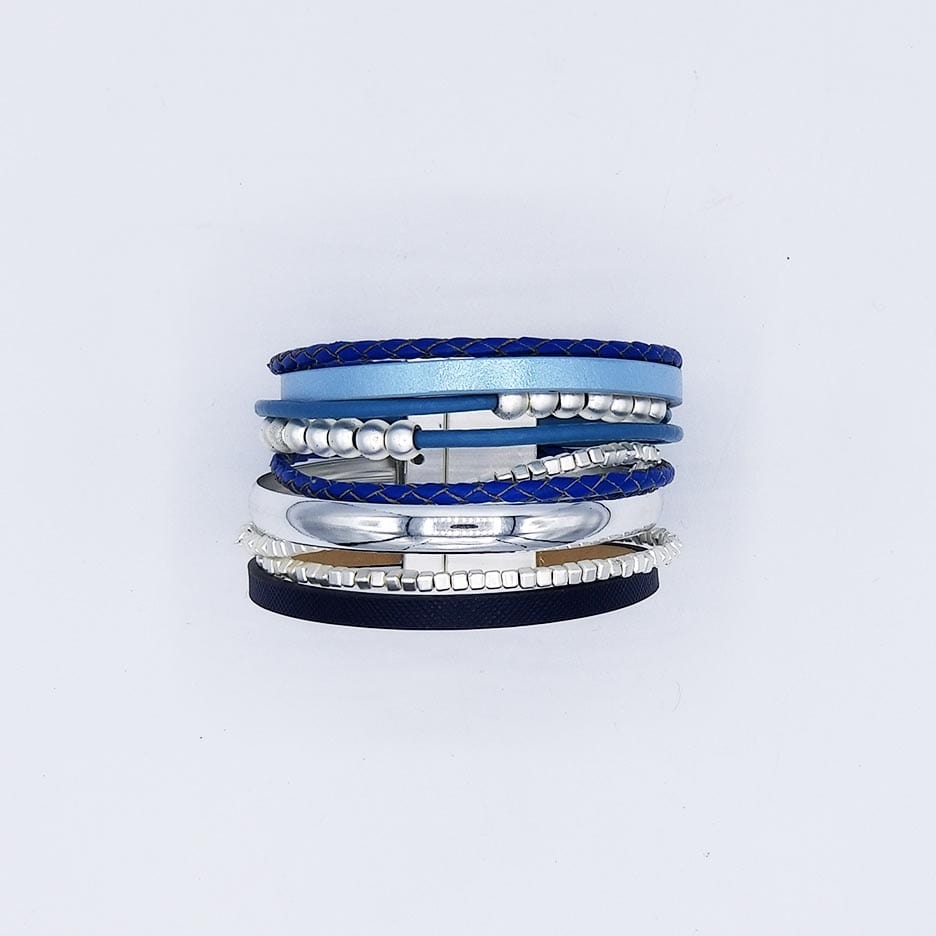 BRC-JM MATTE SILVER AND BLUE LEATHER MULTI STRAND BRACELE