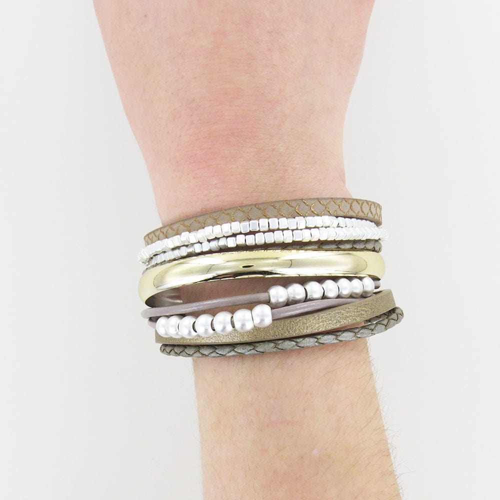 BRC-JM MATTE SILVER AND TAUPE LEATHER BRACELET